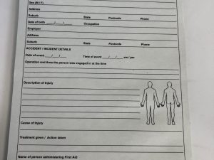 Buy a register of injuries duplicate book for your first aid kit